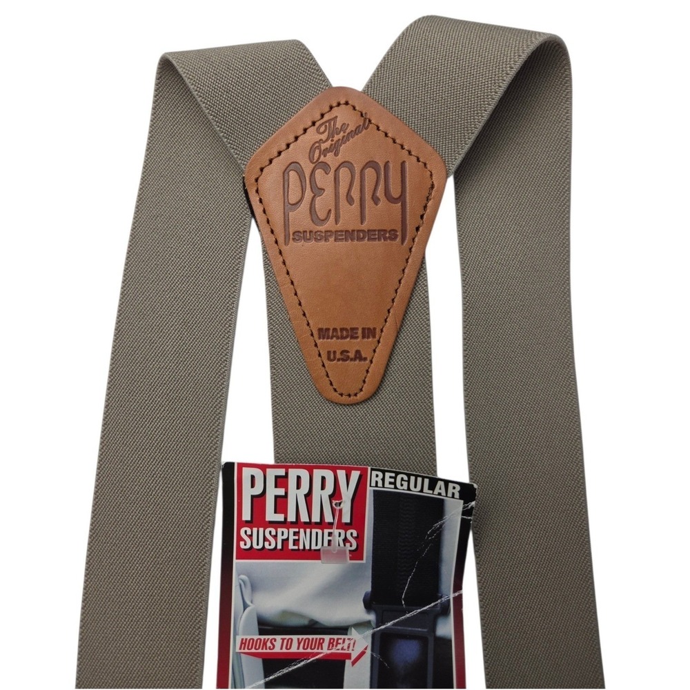 Perry Suspenders Y-Back 1.5" Regular Tan Brown Belt Hook Adjustable Made USA New